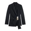 European American Style Fashion Suit: Buckle Decor Jacket & Straight-Leg Pants Two-Piece Slim Fit Set for Women