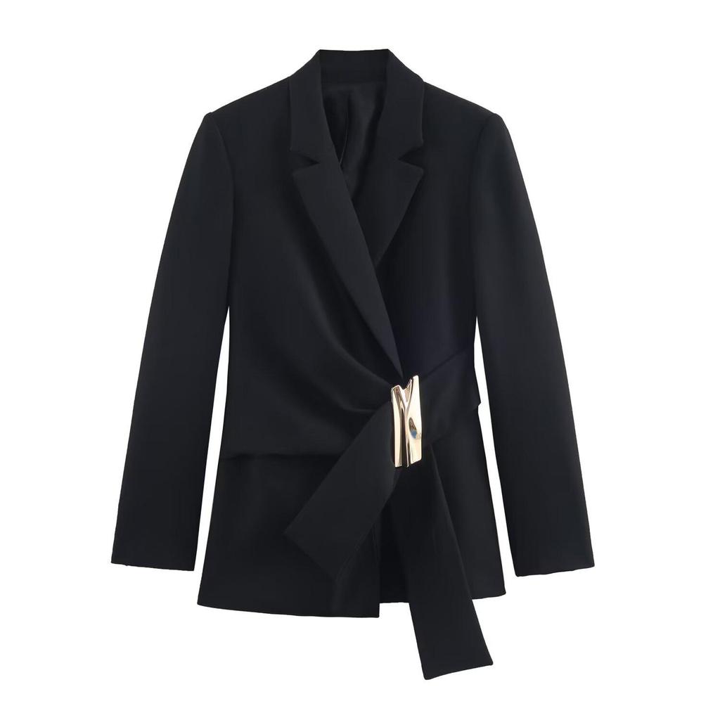 European American Style Fashion Suit: Buckle Decor Jacket & Straight-Leg Pants Two-Piece Slim Fit Set for Women