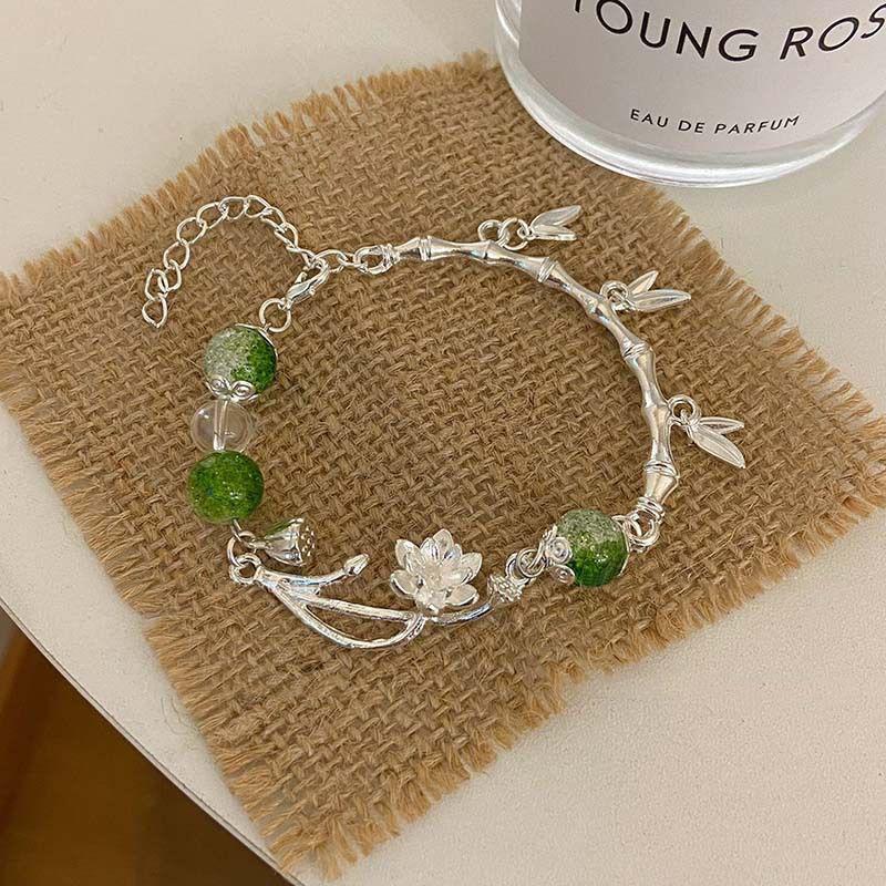 Armbånd med sjarm av lotusblomst og antikke perler i kinesisk stil, vintage armbånd med bambusledd for kvinner, kreativt håndlaget smykke, gave