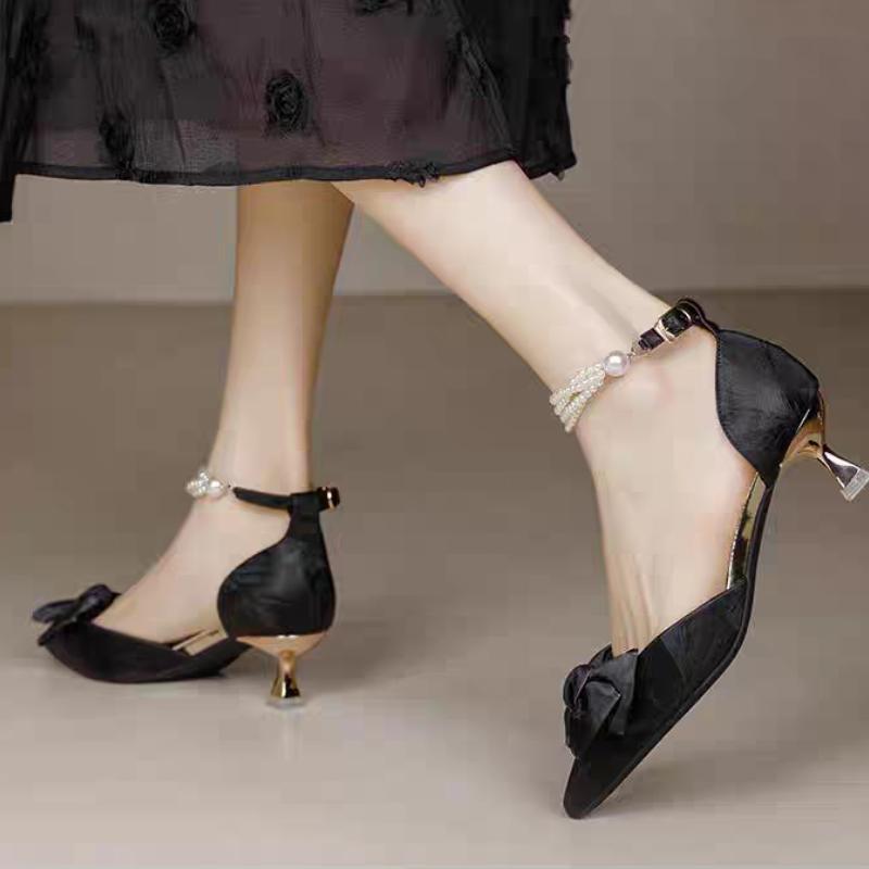 Women's Shoes 2025 Summer New High Heels Bow Silk Thin Heel Shallow Mouth Straight Buckle Strap Pointed Sandals for Women