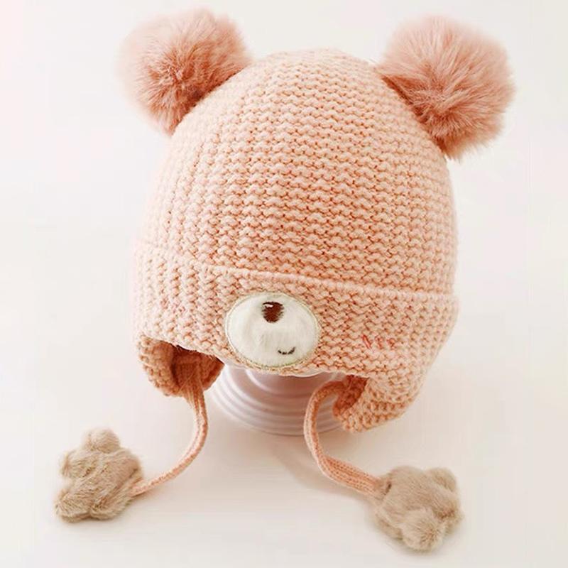 Baby Wool Hat For Boy Girls Cute Bear Ear Protection Hat Children Winter Thickened Warm Knitted Korean Cute Pompom Baby Hat