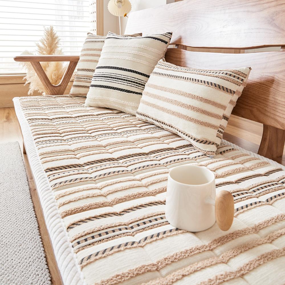 Striped Chenille Plush Sofa Cushion, All-Season Non-Slip Mahogany Solid Wood Seat Cushion, Plush Thickened New Model
