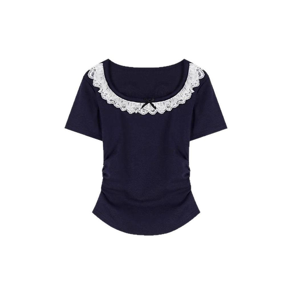 2025 Summer Sweet Girl Pure Cotton Butterfly Lace Slim Fit T-shirt