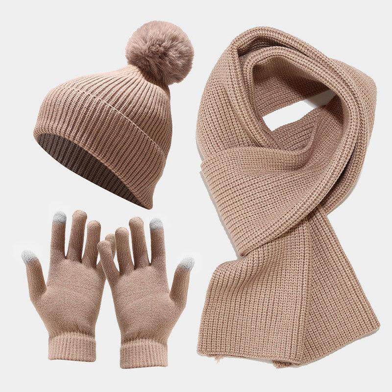 Autumn and Winter New Women's Knitted Hat Scarf Gloves Three-piece Outdoor Thickened Warm Hairball Wool Hat Set