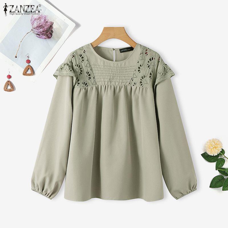 ZANZEA Women Casual Round Neck Long Sleeve Lace Crochet Splice Blouse