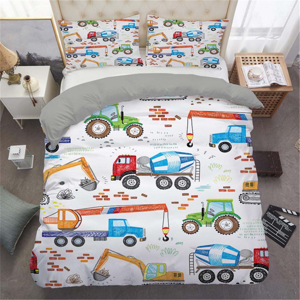 Comforter 2/3Pcs Simple Cartoons Car Bedding Set High Quality Child Excavator Crane Twin Single Full Queen King Size