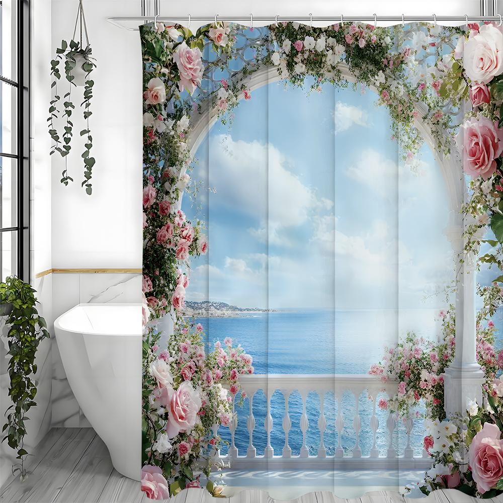Ocean View Rose Flower Balcony Shower Curtain, Bathroom Decorative Shower Curtain, Waterproof Shower Curtain with Hooks