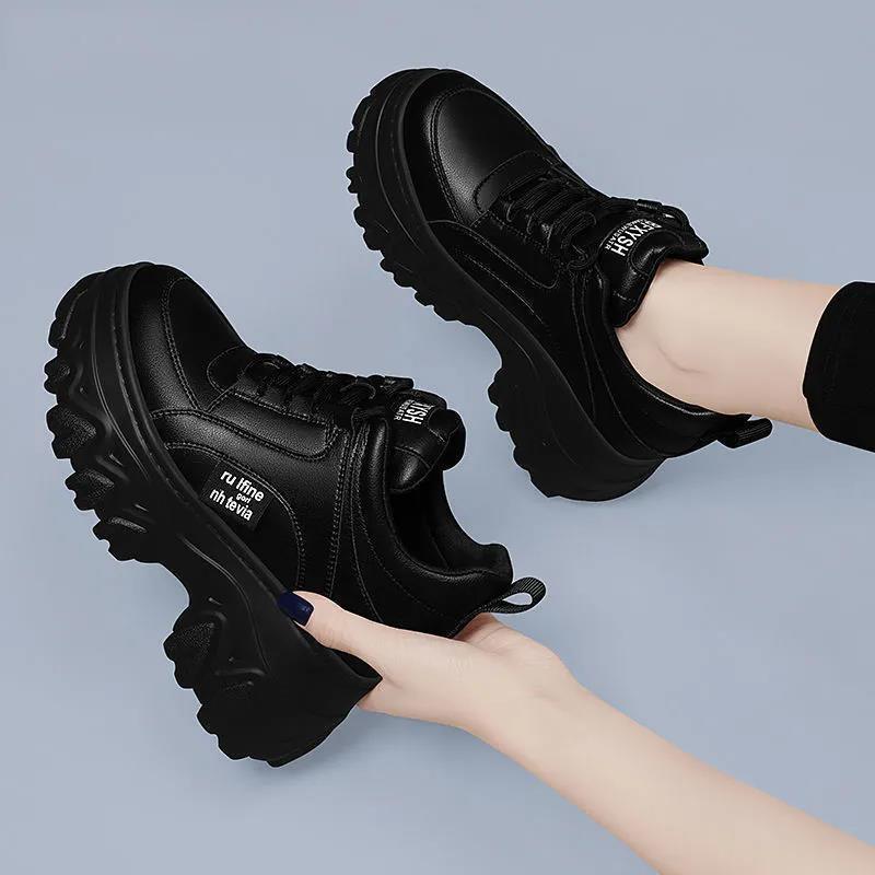 High Platform Sneakers for Women Black Leather Sneakers Women Chunky Sneakers Thick Sole Casual Shoes Women Height Increase Shoe