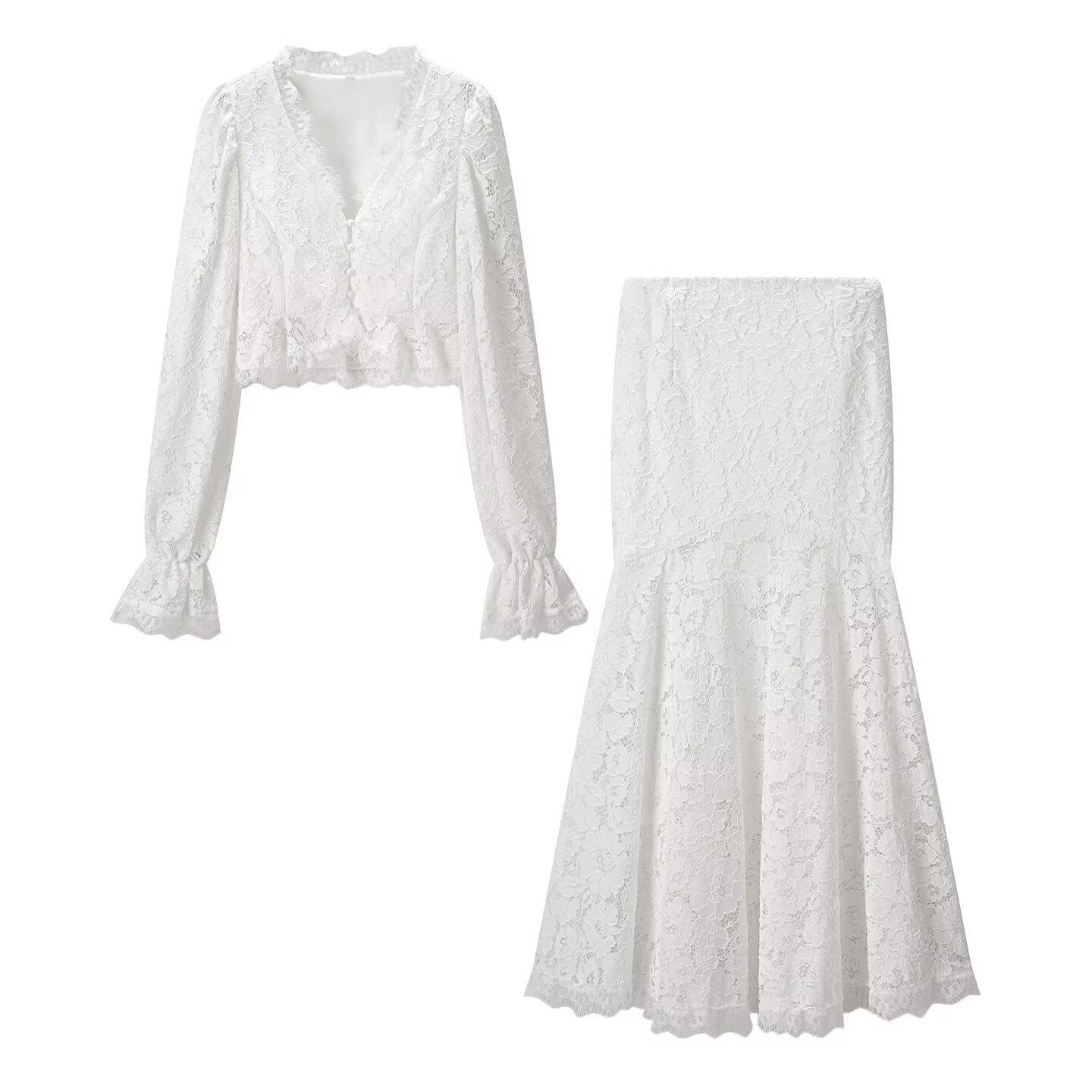 European and American style new women s fashionable lace hollow-out patchwork top and skirt set S