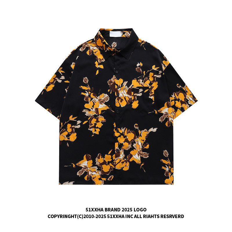 51 Hip-hop Retro Design Floral Full Print Short Sleeve Shirts Men's and Women's Summer Ice Silk Cool Feeling Loose Casual Shirt
