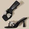 Fashion Summer New Stiletto Sandals Square Head Open Toe Sequin Butterfly Knot Thin Strap Anti-slip Wear-resistant High-heeled Slippers