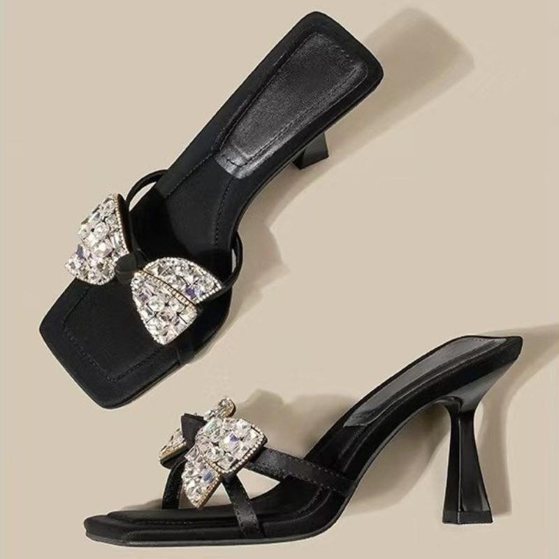 Fashion Summer New Stiletto Sandals Square Head Open Toe Sequin Butterfly Knot Thin Strap Anti-slip Wear-resistant High-heeled Slippers