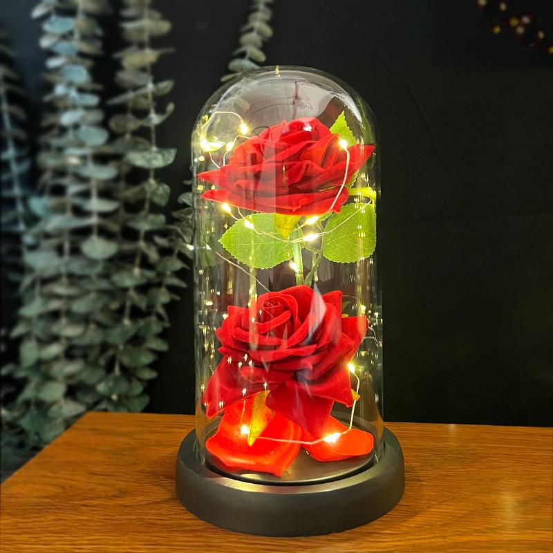 Two Simulated Roses Valentine's Day Hot Gift LED Light Luminous Glass Cover