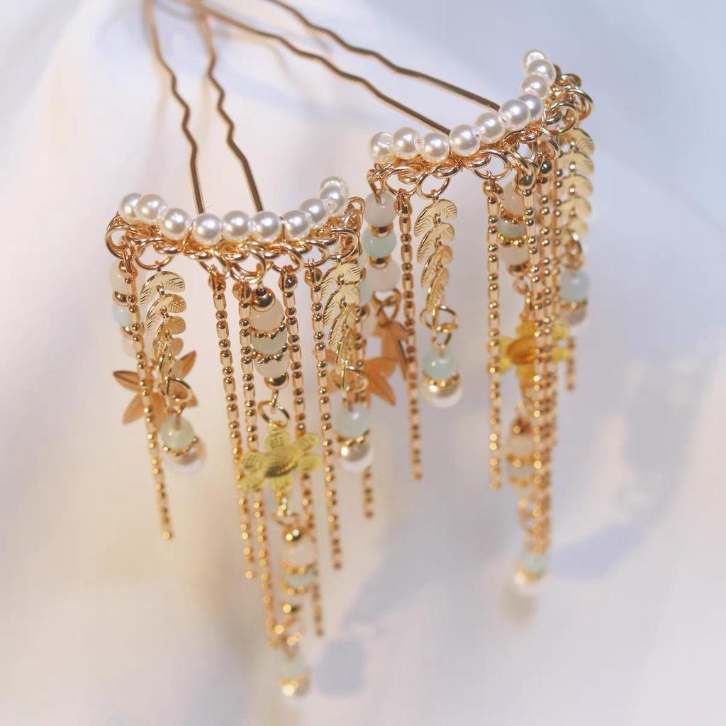 Tang Style Maple Leaf Tassel Hairpin - Mid-Autumn Hanfu Headdress