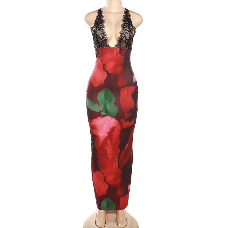 

2023 Лето Женское Кружевное Платье на Бретелях Сексуальное Платье с Принтом Red M