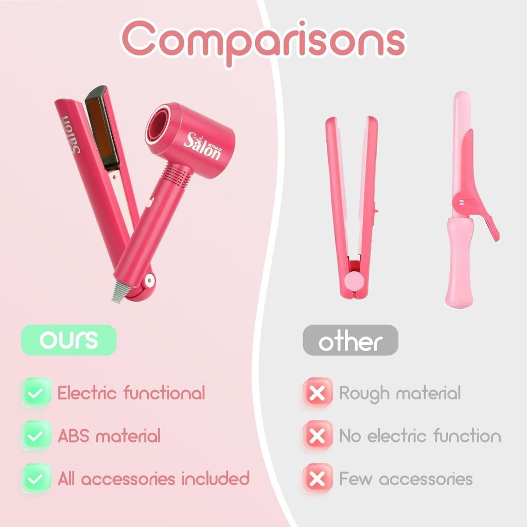 23 Pcs Hair Salon Girls Toys Kids Pretend Play Toys Toddler Dress Up Beauty Salon Set Stylist Kit with Hairdryer Flat Apron Scissors Curling