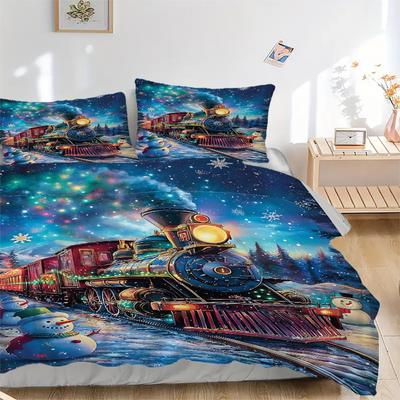 3pc Christmas Train with Snowmen Winter Wonderland Home Decor Bedding Set Daily Use,Suitable for Bedroom,Guest Room,Living Room,Hotel 1174a