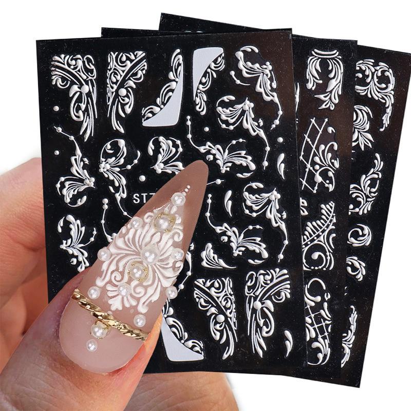 5D White Embossed Flower Nail Art Sticker Decal Nail Decoraiton