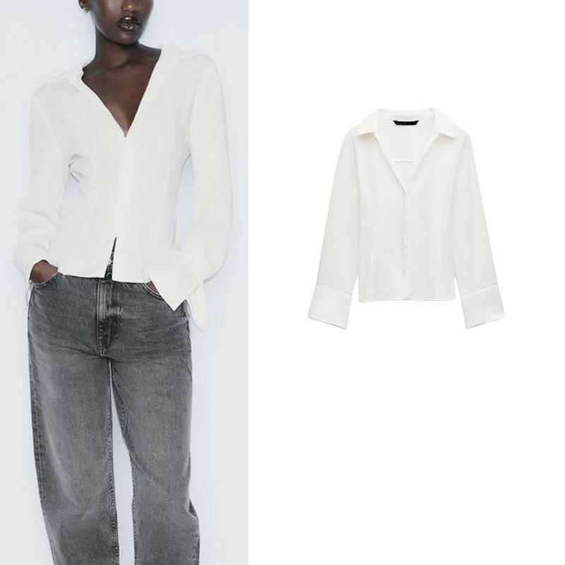 Spring New Women's Clothing Minimalist Easiest for Match Invisible Snap Button Silm Lapel Long Sleeve Shirt 8862319