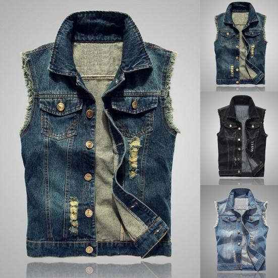 Vest Sleeveless Ripped Single-breasted Turn-down Collar Men Waistcoat for Daily Wear