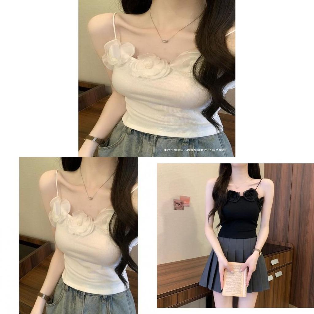 Short Tank Top With 3d Flower Embroidery For Summer Fashion Women
