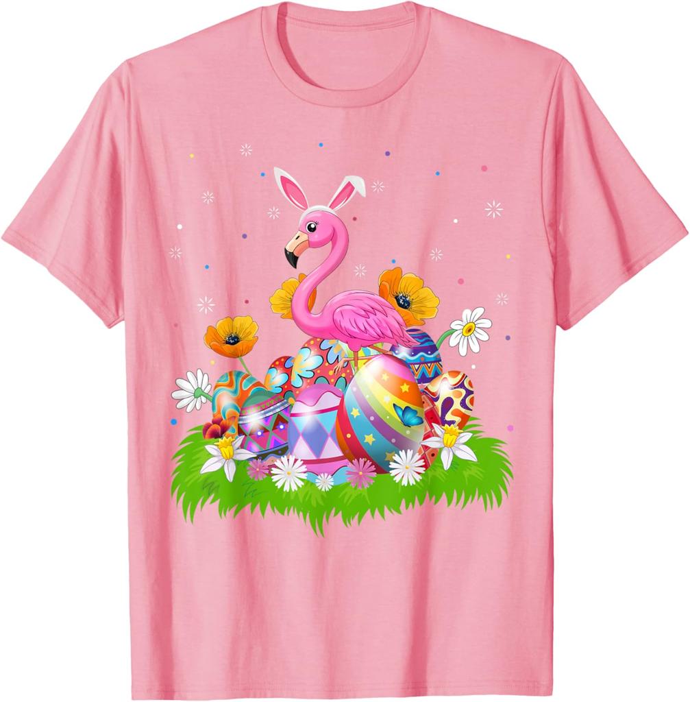 Flamingo Easter Bunny Ears Eggs Graphic Tee Cotton Casual Short Sleeve T-Shirt