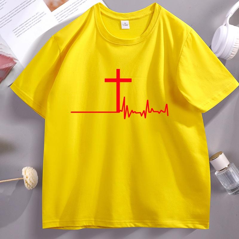 Women Graphic T-Shirt Christian Cross Heartbeat Tshirt Religious Faith Short Sleeve Soft Breathable T Shirt Unisex Clothes Tops