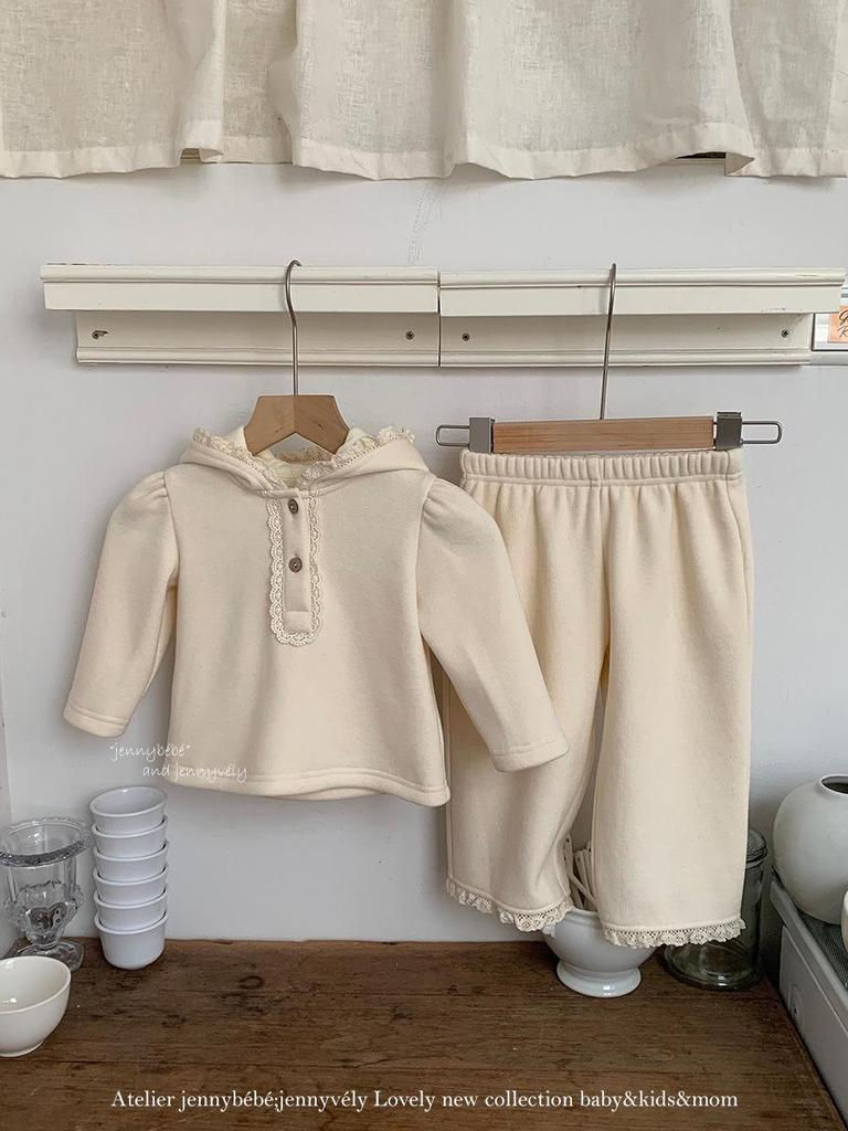 Korean Style Fleece-Lined Winter Set for Baby Girls - Cute Elf Hat Hoodie & Wide-Leg Pants