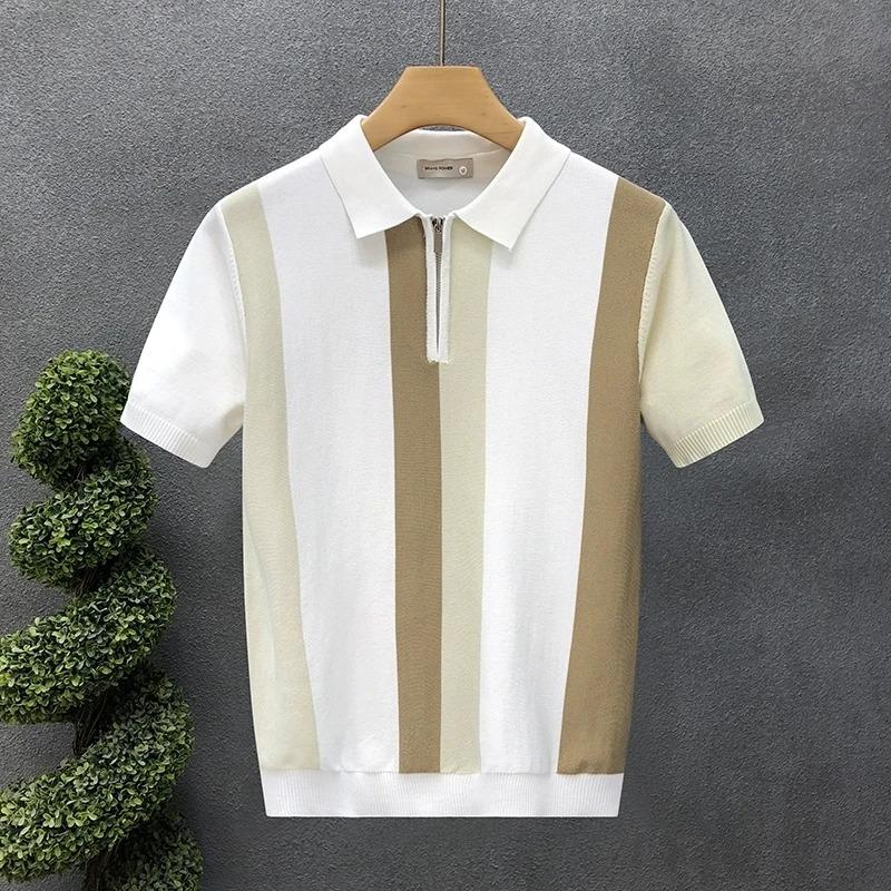 Half Zip Western-style Ice Silk Thin Short Sleeved Sweater Men Summer Cool Knit T-shirt Men Mens Polo Shirt