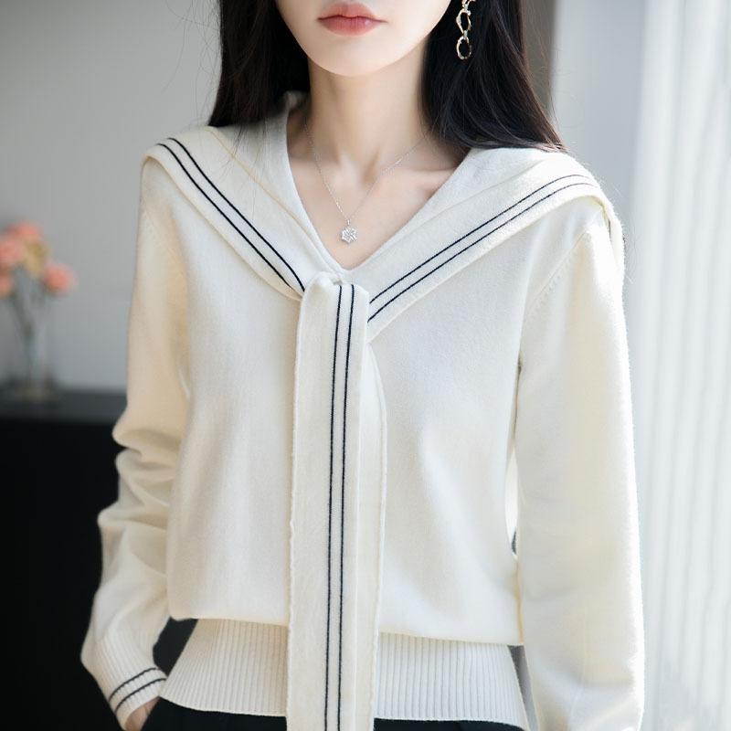 

Весенне-осенний трикотажный свитер в стиле колледжа с темно-синим воротником, топ с длинным рукавом, приталенного силуэта и молодежного дизайна для женщин M бежевый