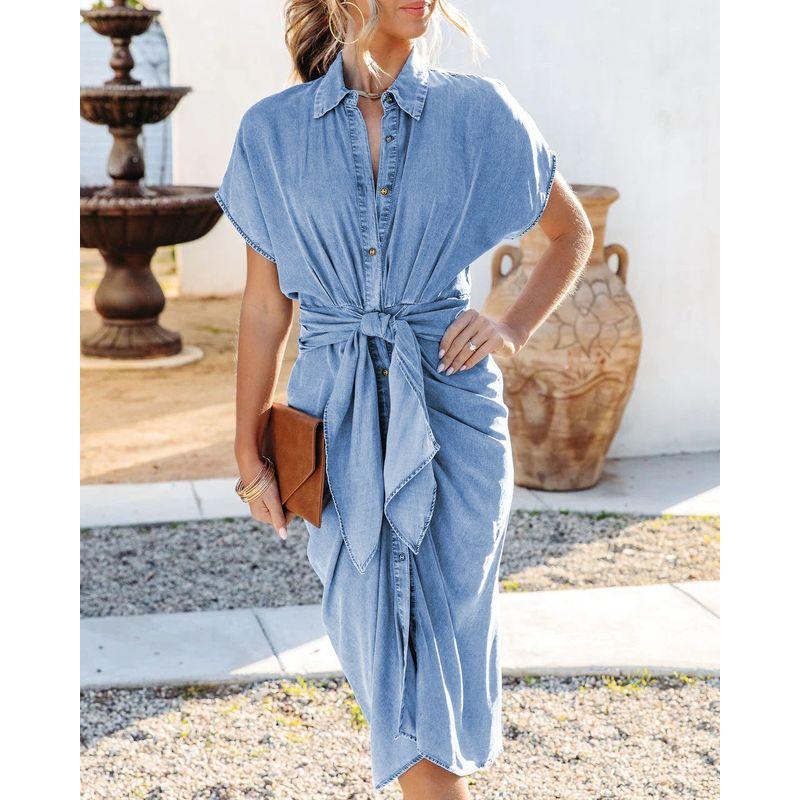 

A Slim Pleated Slim Denim Dress Split Pleat Slim fit Demin dress Women Blue XL