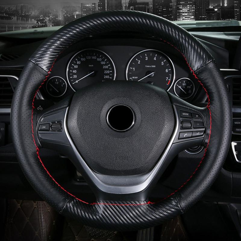 Carbon Fiber Genuine Leather Universal 38cm Handmade Braided Steering Wrap With Needle and Thread Auto Interior