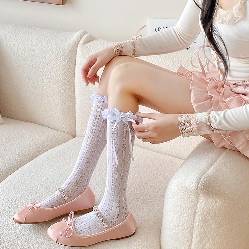 Lace Lace Stockings Children'S Lolita Bow Ribbon Women'S Socks Long Calf Socks Summer Thin Stacking Socks