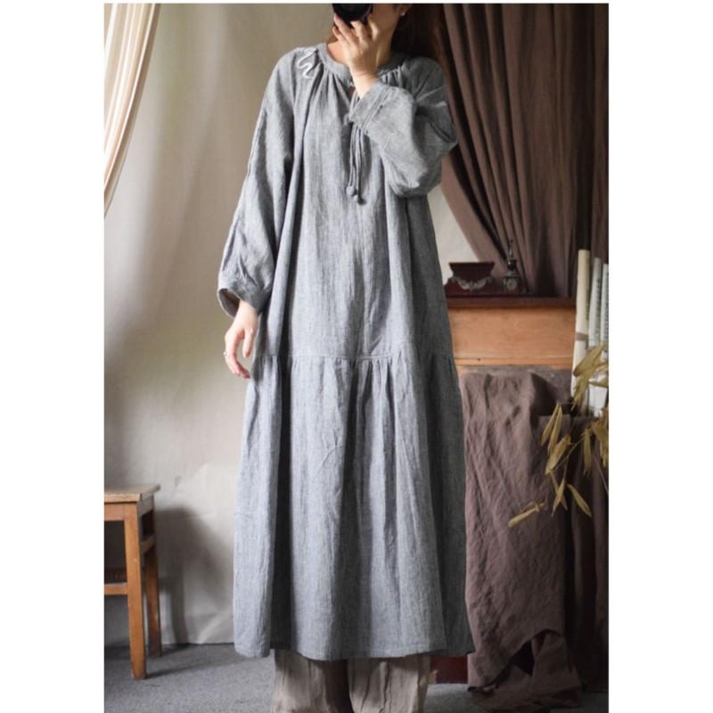 Johnature Woman Spring Devise Chinese Style Dress Long Sleeves Vintage Solid Color Dress