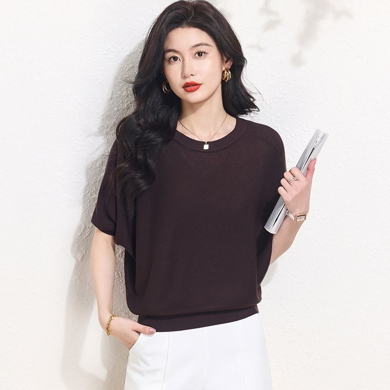 

Lysel Tencel Thin Knitwear T-shirt Female Spring/Summer New Arrival Loose and Lazy Style Bat Sleeve Belly-Covering Coat Brown M([45.00 kg-55.00 kg]])