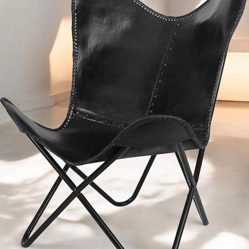 Black Leather Butterfly Chair Living Room Relaxing Accent Chair Foldable Armrest Handmade Chair Home Decor Retro Butterfly Chair Gifts