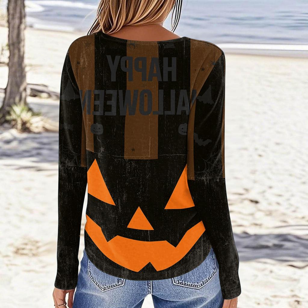 Women's Long Sleeve Casual Halloween Print Pullover Sweatshirt Round Neck Comfortable Fit Seasonal Top for Autumn Winter