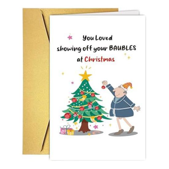 Vtipné vánoční přání pro něj, její humorný kreslený vzor, ​​vánoční skládací přání