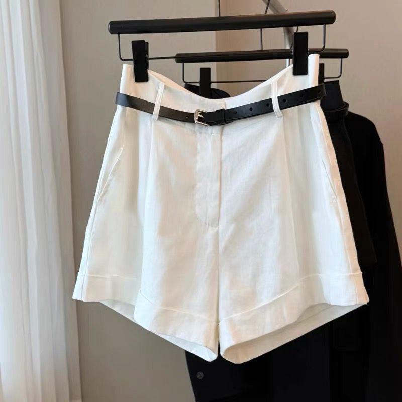 White Linen Cuffed Wide-Leg Shorts - Old Money Style Women s Summer Casual Pants M