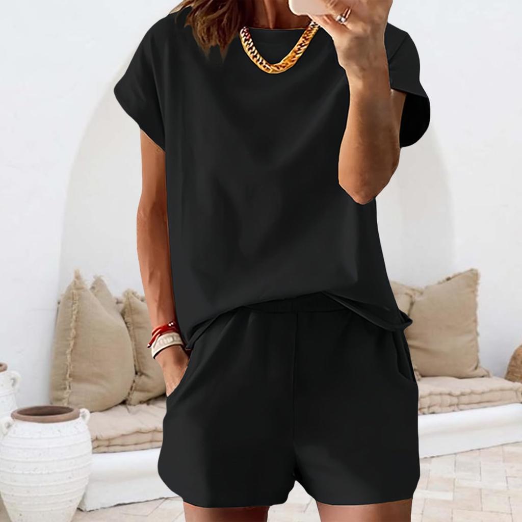 Completo Estivo da Donna a Maniche Corte con Tasche, Girocollo, Vestibilità Rilassata, Due Pezzi per l'Uso Quotidiano