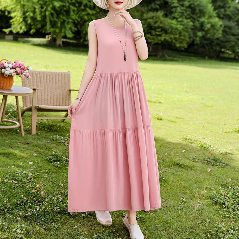 Elegant Sleeveless Dress for Women Plus Size Short Sleeve Vintage Print Long Dress Summer Casual Middle-aged Women's Clothing