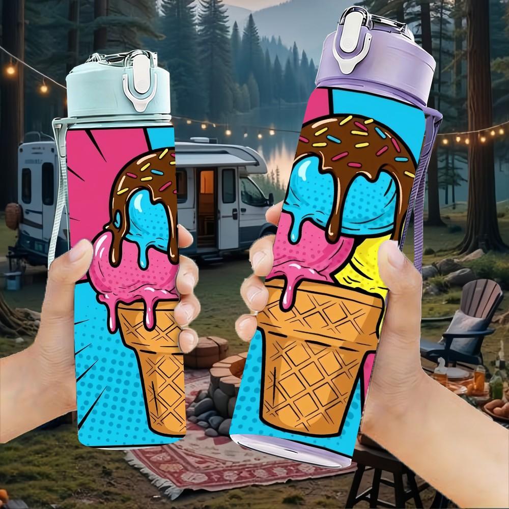 1PC Ice Cream Cone Pop Comic Burst Background 750ml Color Plastic Sports Water Bottle Leakproof Flip Straw Lid Suitable for Sports Office Home Use