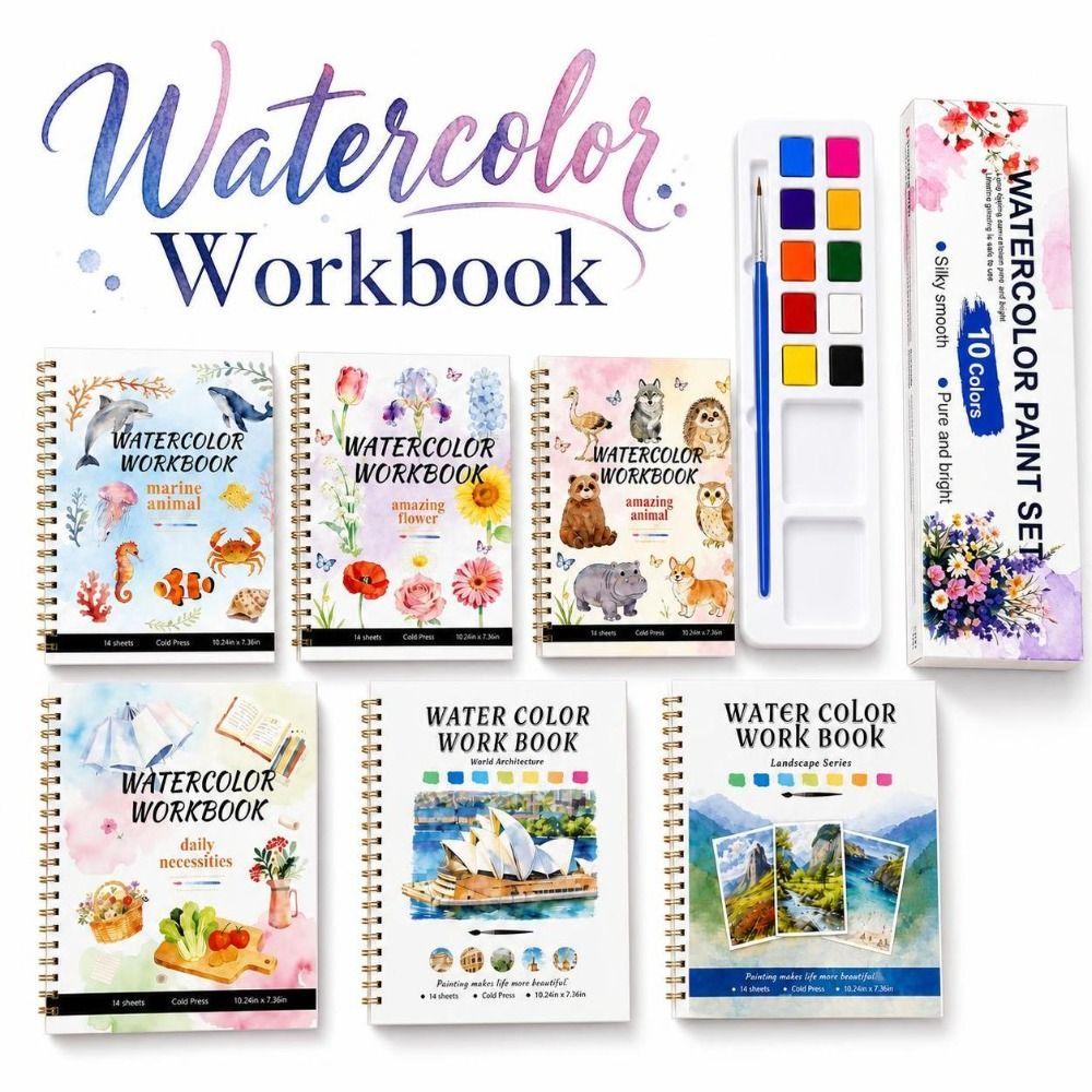 Spiral-Bound Watercolor Workbook Flower Scenery Animal Coloring Sketchbook Painting