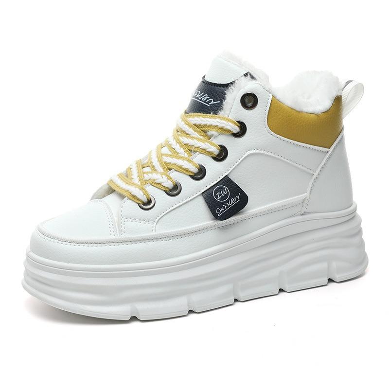 Women's Shoes Plus Velvet Thickened Inner Heightening Sneakers Color Matching Thick-soled Sponge Cake Heightening White Shoes