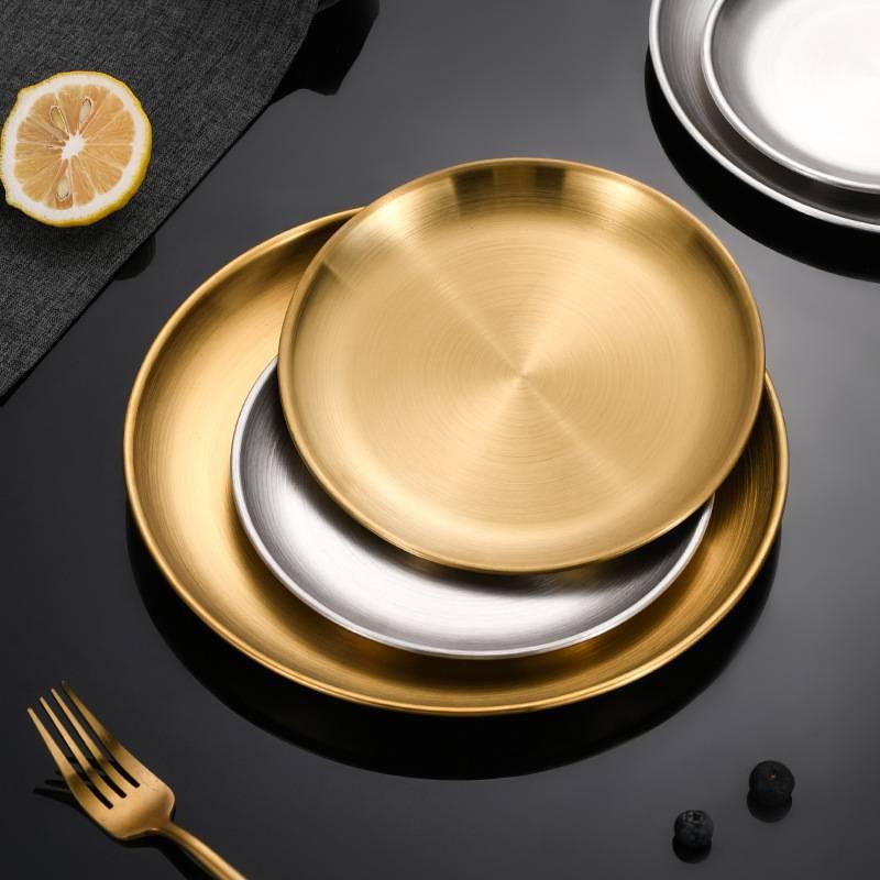 1 Pcs Thickened New Stainless Steel Disc Golden Cafe Tray Dining Disc Fruit Meat Dessert High Quality Round Plate Shallow Tray