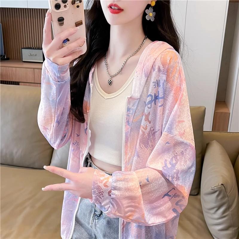 Women's Summer Ice Silk Sun Protection Jacket Thin Breathable Hooded UV Protection Coat Casual Air Conditioner Cardigan Outerwear