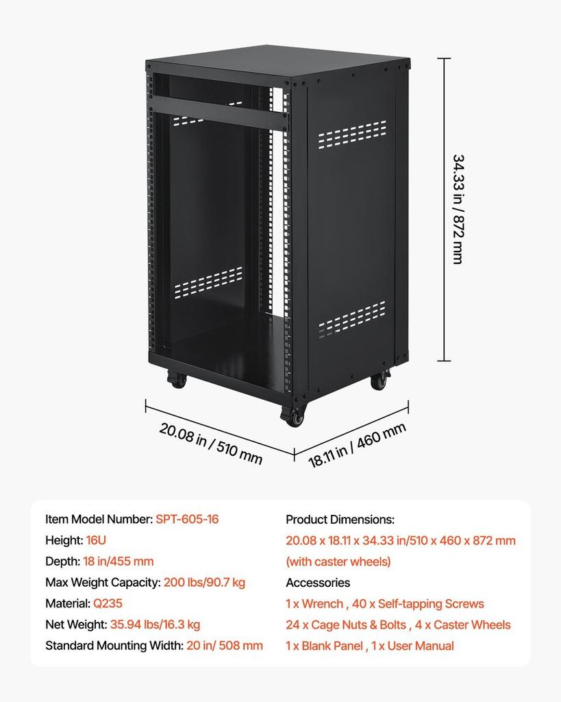 16U AV Rack, 90.7 kg Max Load Capacity, Home Recording Studio Rack with Lockable Caster Wheels, Open Frame Server Cabinet, Special Vent Design, for