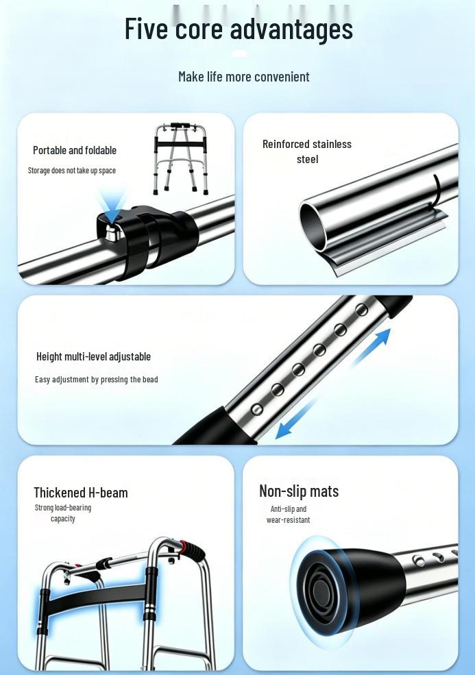 Height-Adjustable Foldable Stainless Steel Walker with Seat for Seniors
