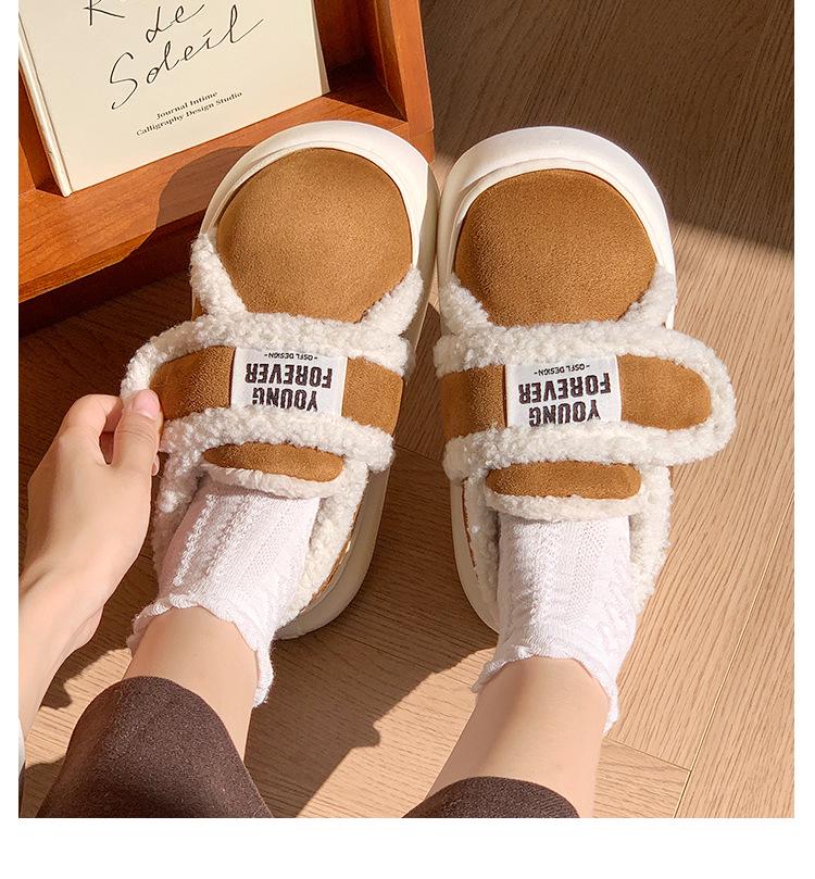 Women's Retro Velcro Cotton Slippers - Non-Slip, Warm Velvet, Full Heel for Autumn/Winter.