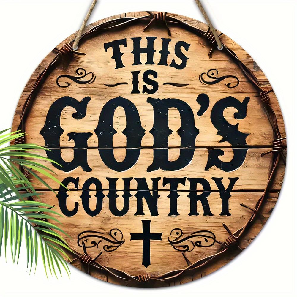 Vintage Chic Wooden Round Sign Pendant - Inspirational This Is Gods Country  Quote, Perfect for Home & Farmhouse Decor, Ideal Gift for Living Room 20cm/7.87in